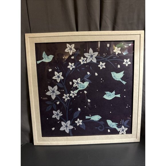 Vintage Chinese Jianzhi Paper Art Framed Bird Flowers Tree Leaves 14x6” Blue - Picture 12 of 16